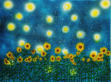 Картина под названием "Starry Sunflowers" - Mahfuzur Rahman, Подлинное произведение искусства, Акрил Установлен на Деревянна…