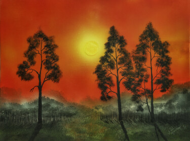 Painting titled "Foggy Sunset" by Mahfuzur Rahman, Original Artwork, Acrylic Mounted on Wood Panel