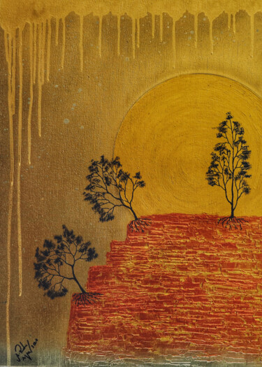 Painting titled "Golden Edge - II" by Mahfuzur Rahman, Original Artwork, Acrylic Mounted on Wood Panel