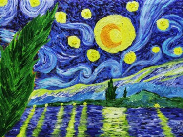 Pittura intitolato "Starry Night over t…" da Mahfuzur Rahman, Opera d'arte originale, Acrilico