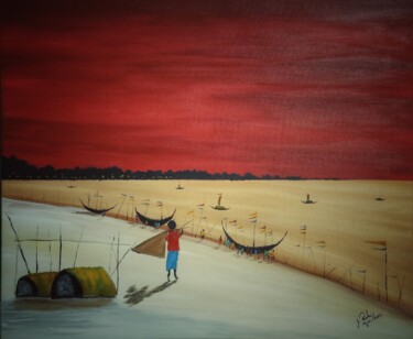 Pintura intitulada "Fisherman at sunset" por Mahfuzur Rahman, Obras de arte originais, Acrílico