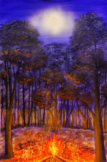 Painting titled "Moon Fire" by Mahfuzur Rahman, Original Artwork, Acrylic