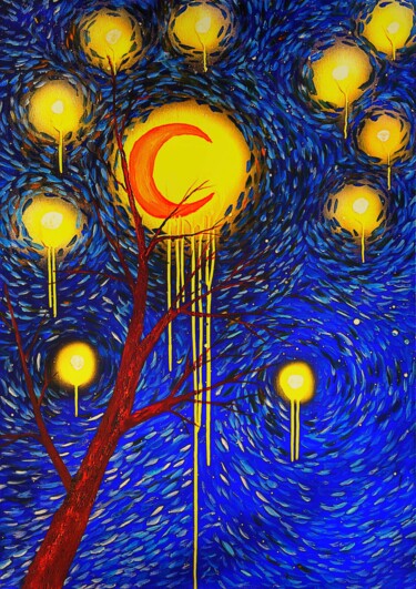 Schilderij getiteld "Starry Night - Begi…" door Mahfuzur Rahman, Origineel Kunstwerk, Olie