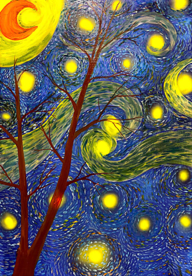 Pintura titulada "Starry Night - Time…" por Mahfuzur Rahman, Obra de arte original, Oleo