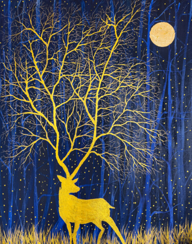 Ζωγραφική με τίτλο "Golden Deer" από Mahfuzur Rahman, Αυθεντικά έργα τέχνης, Ακρυλικό