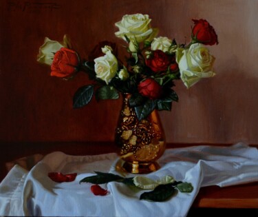 Pittura intitolato ""Roses"" da Mahir Rahimov, Opera d'arte originale, Olio Montato su Telaio per barella in legno