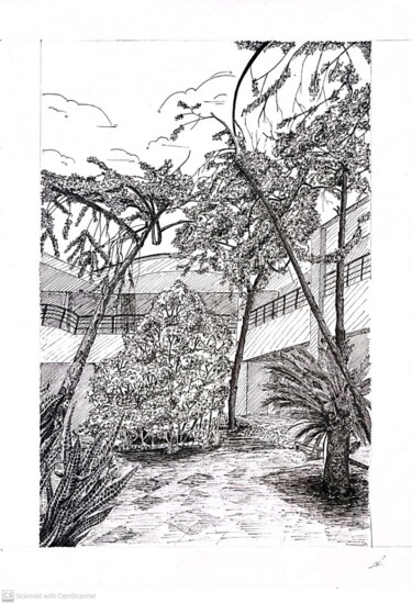 Tekening getiteld "Anjung Siswa" door Mahmud Awang, Origineel Kunstwerk, pigmenten