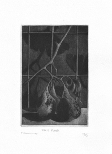 Gravures & estampes intitulée "Trois poires à minu…" par Dominique Keruzec (Maho), Œuvre d'art originale, Gravure
