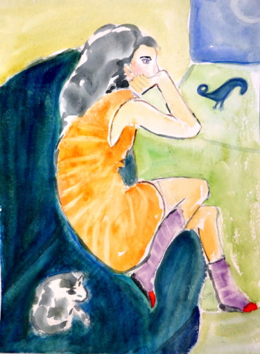 Peinture intitulée "femme à l'oiseau bl…" par Maï Laffargue, Œuvre d'art originale, Aquarelle