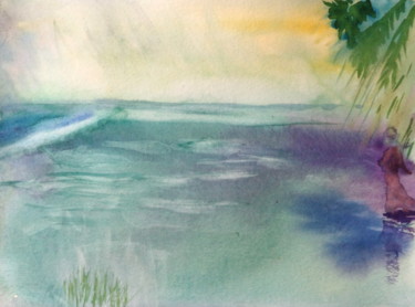 Painting titled "Lagon imaginaire" by Maï Laffargue, Original Artwork, Watercolor