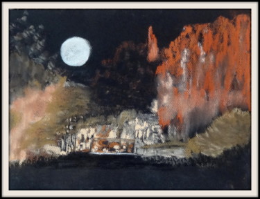 Рисунок под названием "Paysage nocturne éc…" - Maï Laffargue, Подлинное произведение искусства, Цветные карандаши