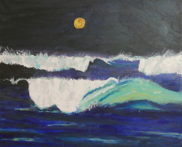 Schilderij getiteld "Vagues et lune" door Maï Laffargue, Origineel Kunstwerk, Acryl