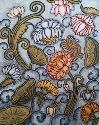 Peinture intitulée "The Monsoon Pond" par Maïa Saint-Couleurs, Œuvre d'art originale, Pigments Monté sur Carton