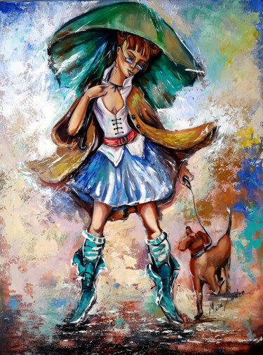 Картина под названием "Girl with a dog" - Maia Siradze, Подлинное произведение искусства, Акрил