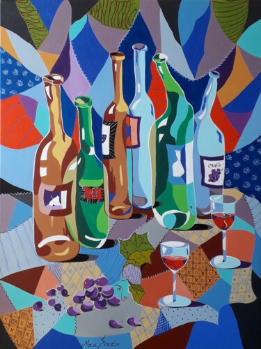 Ζωγραφική με τίτλο "Drunk bottles" από Maia Siradze, Αυθεντικά έργα τέχνης, Λάδι