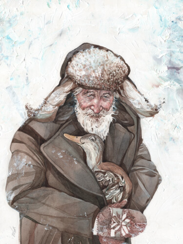 Painting titled "Old Man With His Go…" by Daria Maier, Original Artwork, Watercolor