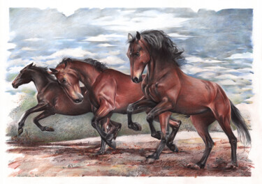 Рисунок под названием "Running Horses" - Daria Maier, Подлинное произведение искусства, Карандаш