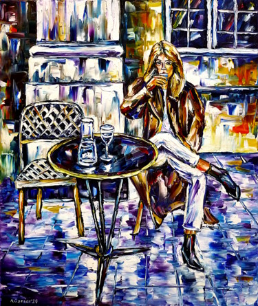 Malerei mit dem Titel "Frau im Straßencafé" von Mirek Kuzniar, Original-Kunstwerk, Öl