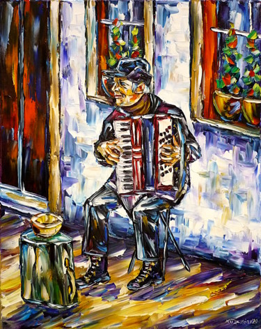 Schilderij getiteld "Der Akkordeonspieler" door Mirek Kuzniar, Origineel Kunstwerk, Olie