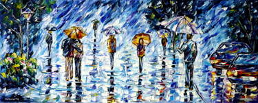 Schilderij getiteld "Menschen im Regen II" door Mirek Kuzniar, Origineel Kunstwerk, Olie