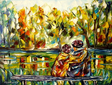 Painting titled "Rentnerpaar am Teich" by Mirek Kuzniar, Original Artwork, Oil