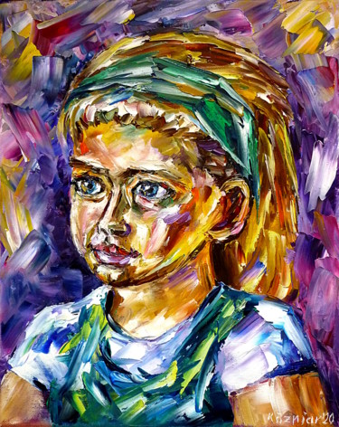 Malerei mit dem Titel "Mädchen mit grünem…" von Mirek Kuzniar, Original-Kunstwerk, Öl