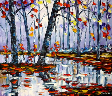 Malerei mit dem Titel "Herbst am Fluss" von Mirek Kuzniar, Original-Kunstwerk, Öl