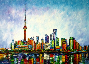 Malerei mit dem Titel "Shanghai, Skyline" von Mirek Kuzniar, Original-Kunstwerk, Öl