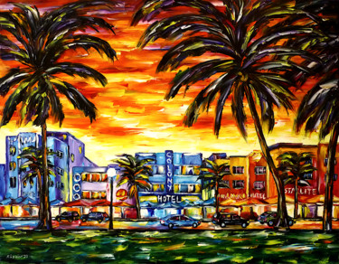 Malerei mit dem Titel "Ocean Drive, Miami" von Mirek Kuzniar, Original-Kunstwerk, Öl