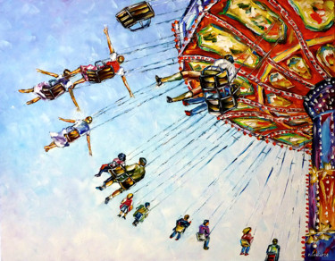Malerei mit dem Titel "Auf dem Karussell" von Mirek Kuzniar, Original-Kunstwerk, Öl