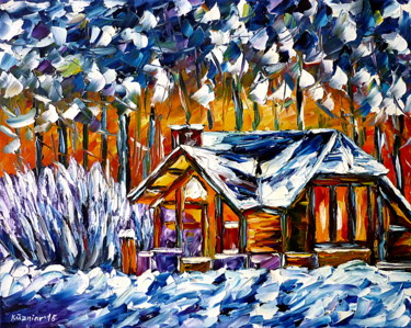 Schilderij getiteld "Haus im Winterwald" door Mirek Kuzniar, Origineel Kunstwerk, Olie