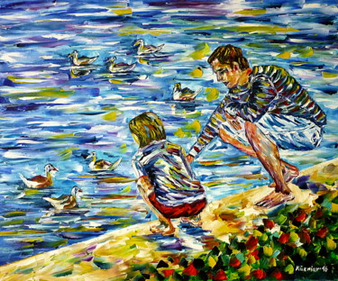 Malerei mit dem Titel "Beim Entenfüttern" von Mirek Kuzniar, Original-Kunstwerk, Öl