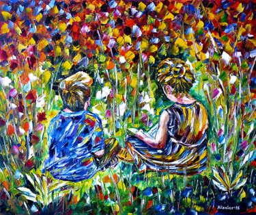 Malerei mit dem Titel "Kinder im Garten" von Mirek Kuzniar, Original-Kunstwerk, Öl
