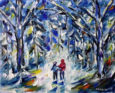 Painting titled "Kinder im Winterwald" by Mirek Kuzniar, Original Artwork, Oil