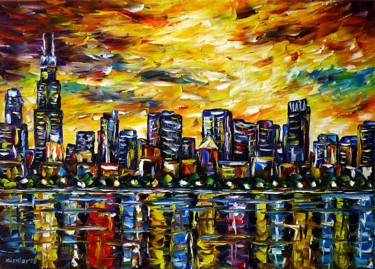 Schilderij getiteld "Chicago Skyline" door Mirek Kuzniar, Origineel Kunstwerk, Olie