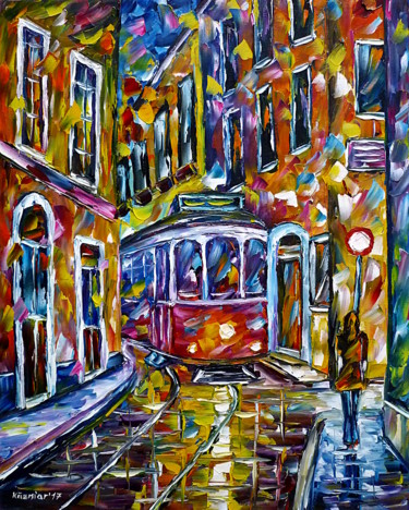 Painting titled "Straßenbahn in Liss…" by Mirek Kuzniar, Original Artwork, Oil