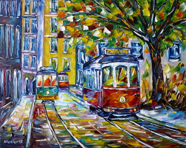 Painting titled "Straßenbahn in Liss…" by Mirek Kuzniar, Original Artwork, Oil