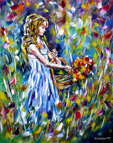 Schilderij getiteld "Mädchen mit Blumenk…" door Mirek Kuzniar, Origineel Kunstwerk, Olie