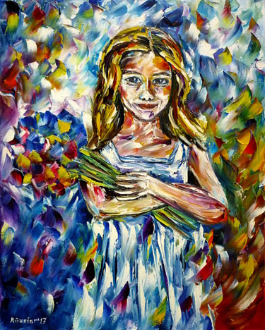 Malerei mit dem Titel "Mädchen mit Blumen" von Mirek Kuzniar, Original-Kunstwerk, Öl