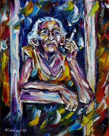 Painting titled "Rauchende alte Frau…" by Mirek Kuzniar, Original Artwork, Oil
