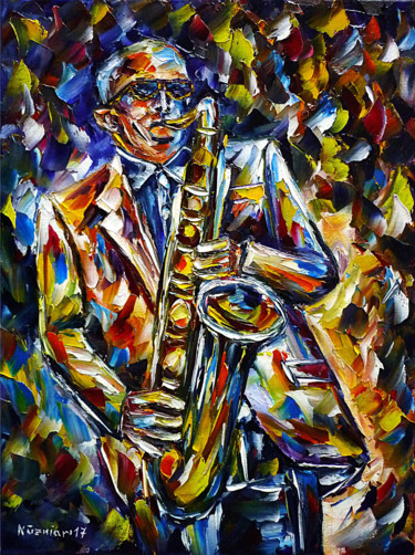 Schilderij getiteld "Saxophonist" door Mirek Kuzniar, Origineel Kunstwerk, Olie