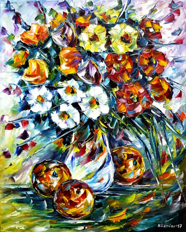 Malerei mit dem Titel "Blumen und Äpfel" von Mirek Kuzniar, Original-Kunstwerk, Öl