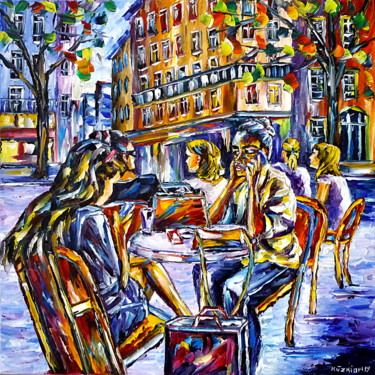 Schilderij getiteld "Straßencafé in Pari…" door Mirek Kuzniar, Origineel Kunstwerk, Olie