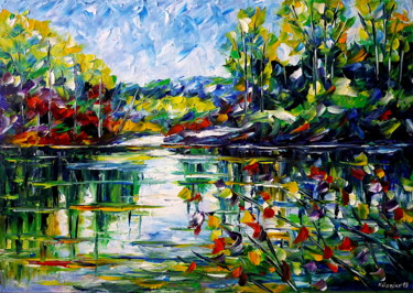 Malerei mit dem Titel "Frühling am See" von Mirek Kuzniar, Original-Kunstwerk, Öl