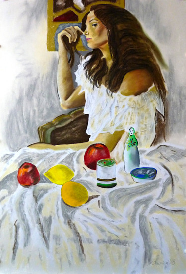 Dessin intitulée "Die Frau am Tisch (…" par Mirek Kuzniar, Œuvre d'art originale, Pastel