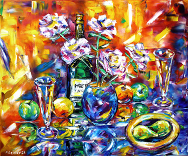 Painting titled "Champagner Frühstück" by Mirek Kuzniar, Original Artwork, Oil