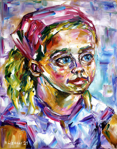 Malerei mit dem Titel "Mädchen mit rosa Ha…" von Mirek Kuzniar, Original-Kunstwerk, Öl