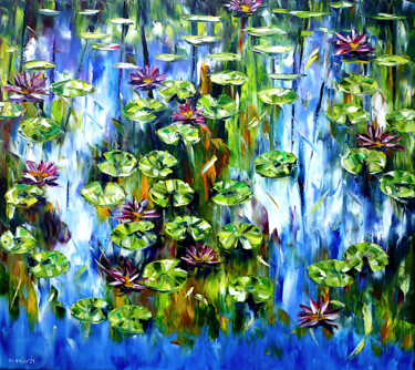 Painting titled "Wasserlilien und Lo…" by Mirek Kuzniar, Original Artwork, Oil