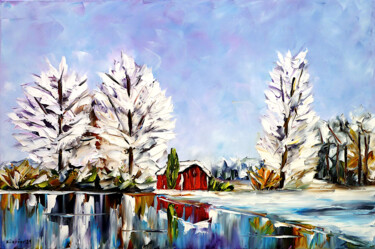 Картина под названием "Winter by the lake" - Mirek Kuzniar, Подлинное произведение искусства, Масло