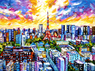 Malerei mit dem Titel "Sky over Tokyo" von Mirek Kuzniar, Original-Kunstwerk, Öl